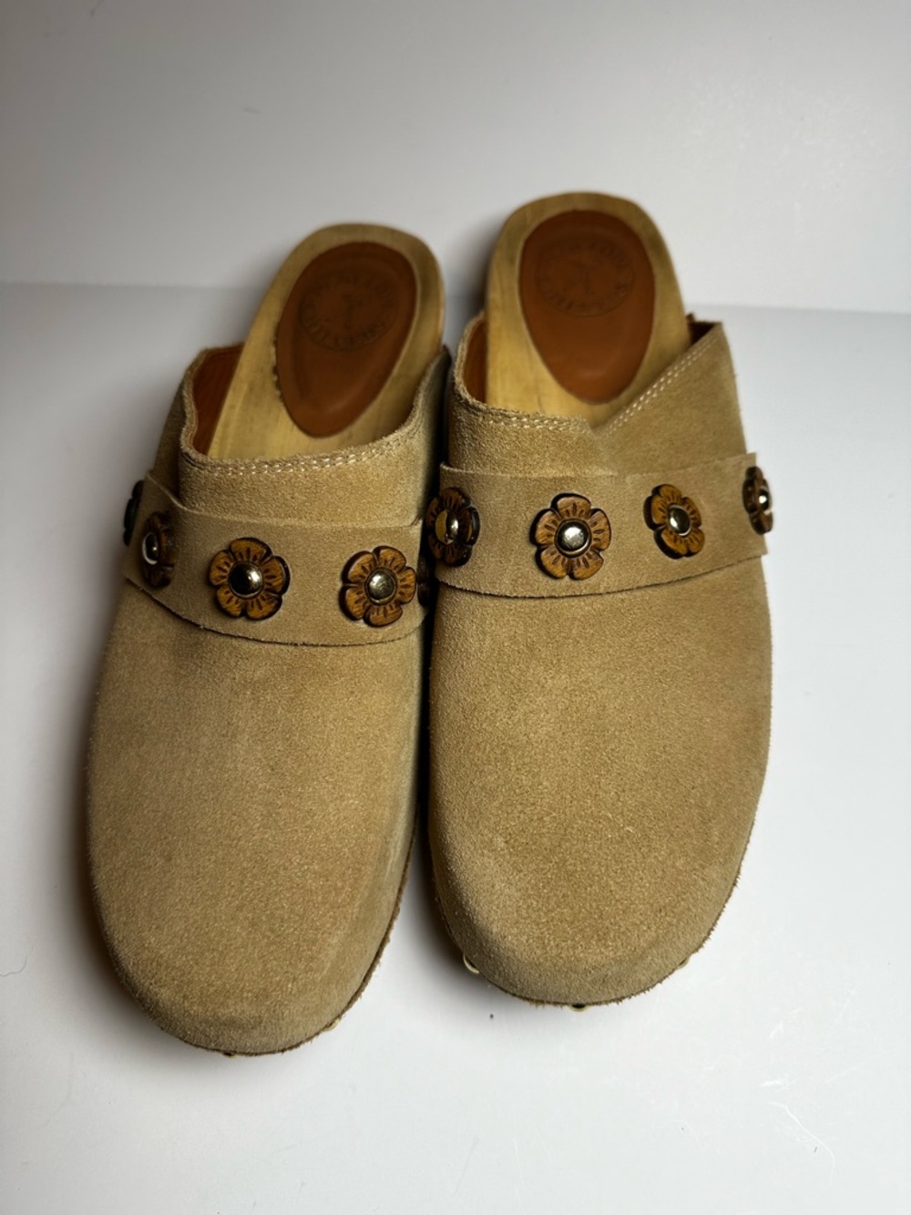 Penelope Chilvers Tan Suede Clog Mules with Florals Studs size EU 42 or US 10-11